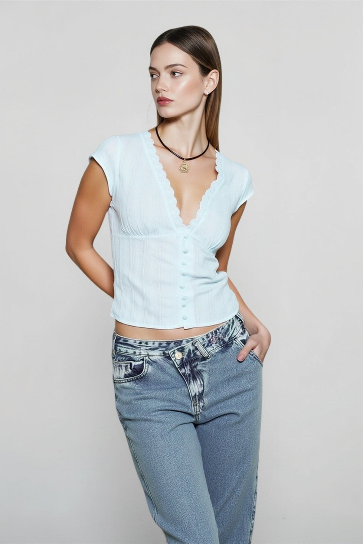 Deep V-Neck Cap Sleeve Lace Trim Button Front Top 4