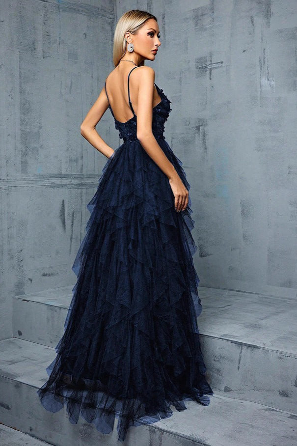 Spaghetti Strap V-Neck Floral Applique Tiered Maxi Prom Gown - View 3