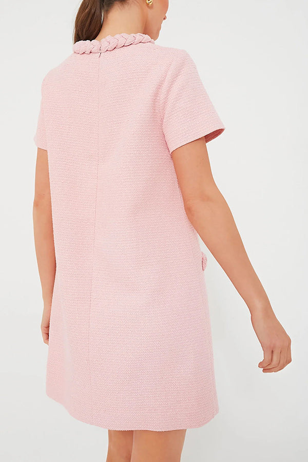 Tweed Braided Trim Faux Pocket Metallic Button Shift Mini Dress - View 6