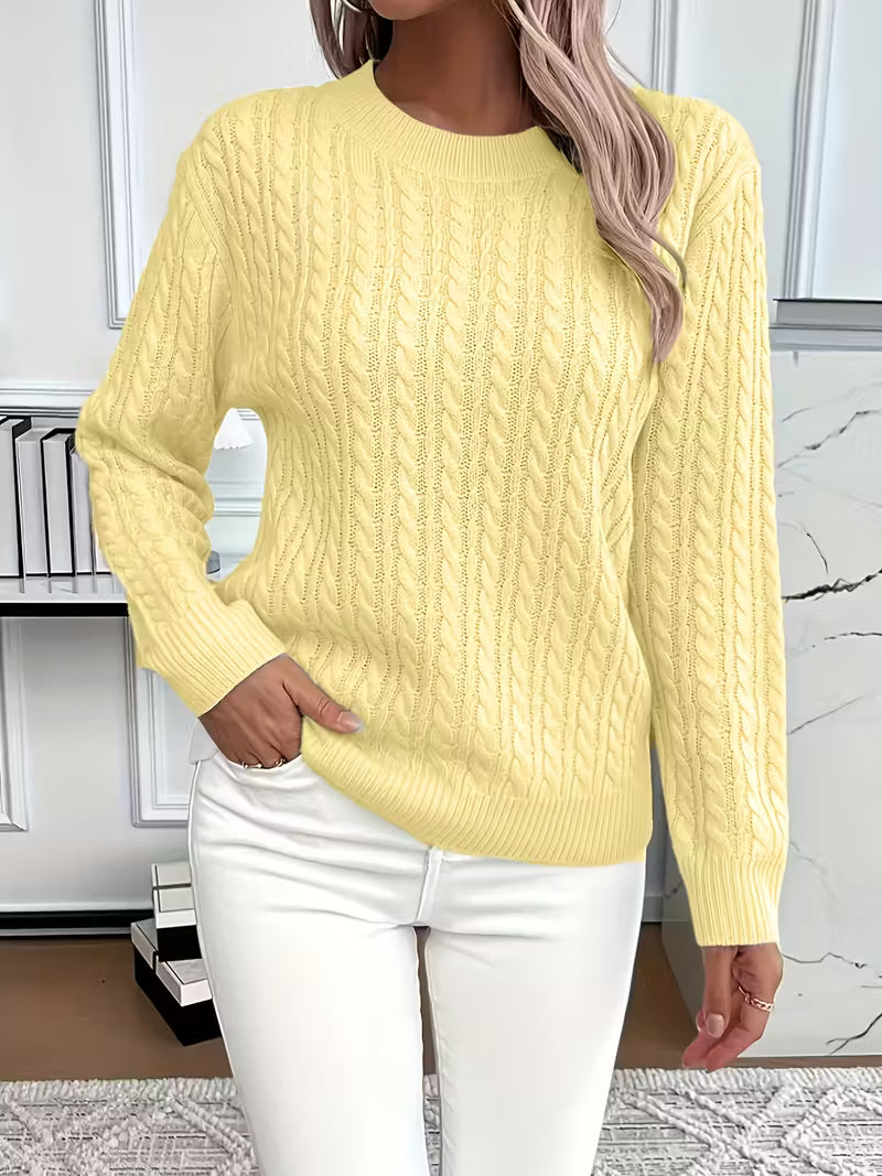 Crew Neck Long Sleeve Pointelle Cable Knit Sweater 11