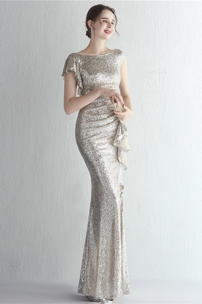 Sequin High Neck Cap Sleeve Ruffle High Split Mermaid Gown - View 15