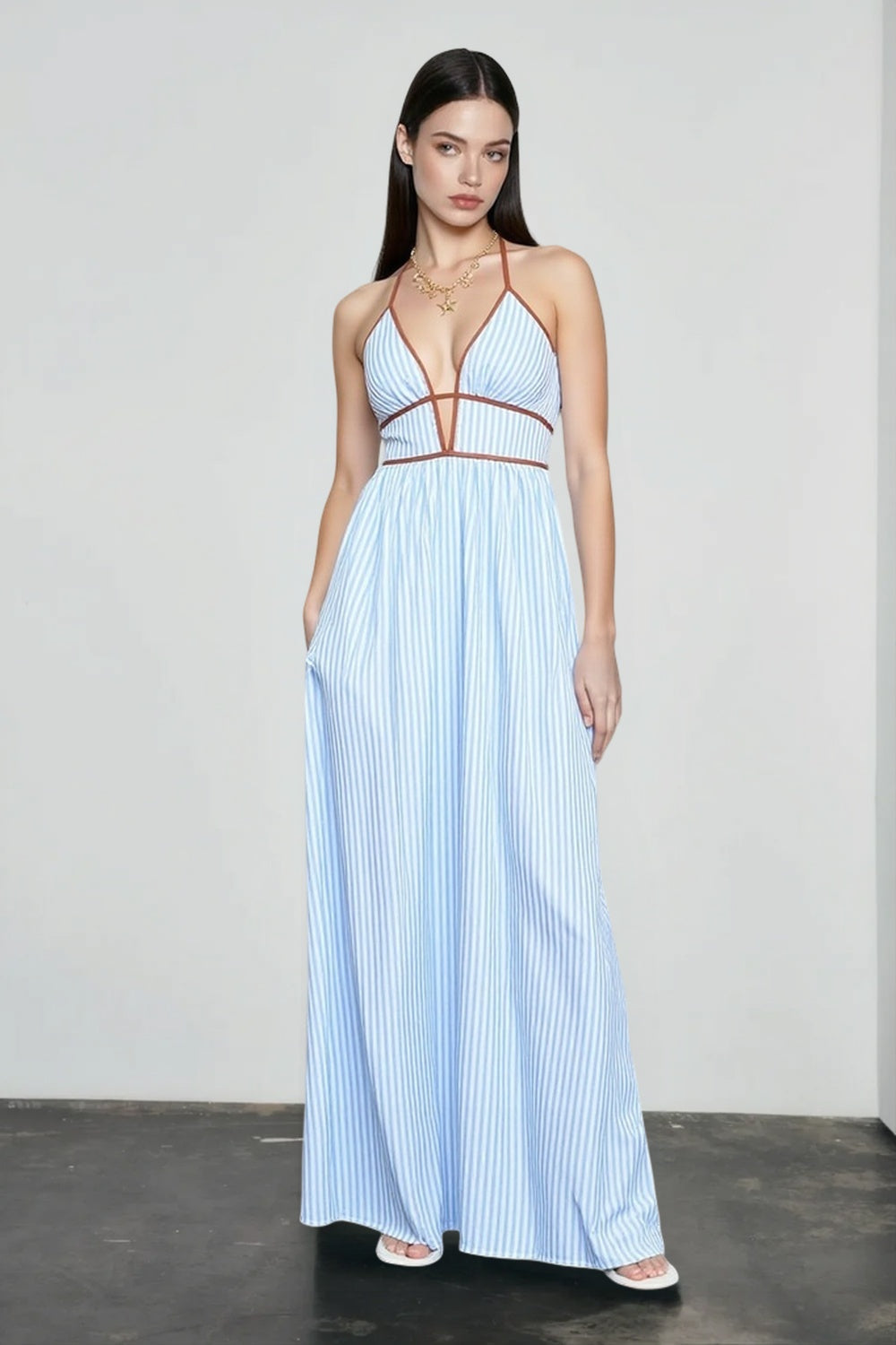 Striped Plunge Neck Halter Contrast Trim A-Line Maxi Dress