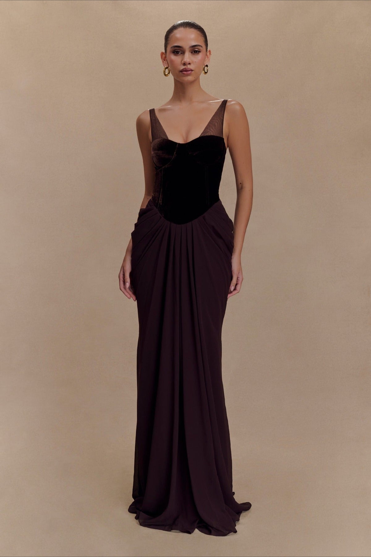 Velvet Corset Bustier Mesh Panel Maxi Gown - View 3
