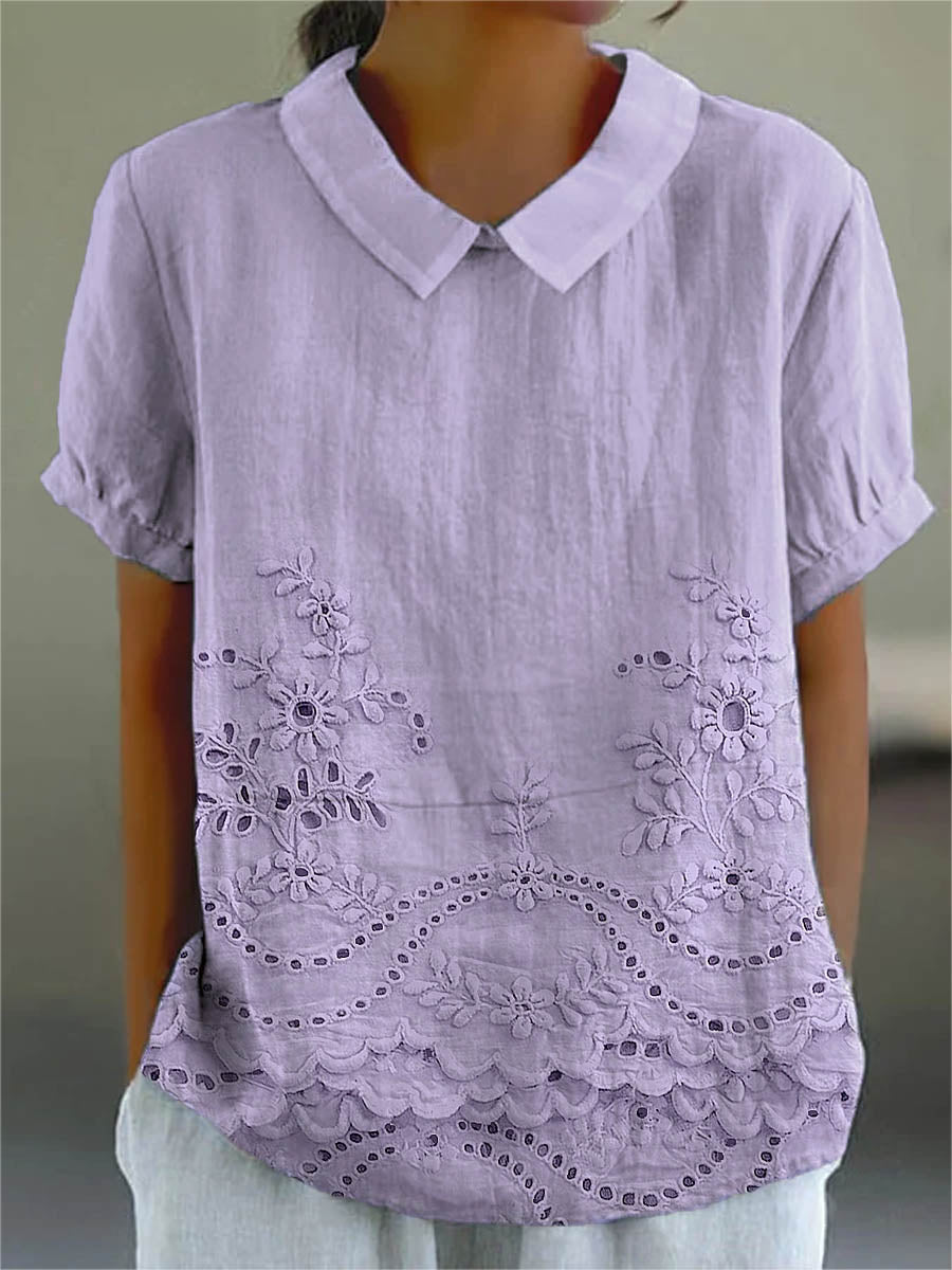 Collared Short Sleeve Eyelet Embroidered Scalloped Hem Blouse 6