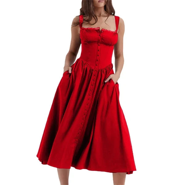 Lace Trim Square Neck Corset Button Front Basque Waist Midi Dress - View 8