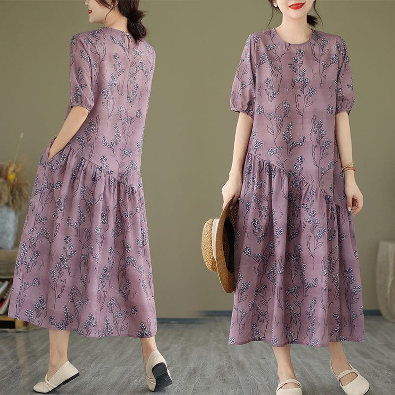 Floral Print Round Neck Short Puff Sleeve Asymmetrical Midi Dress - View 2