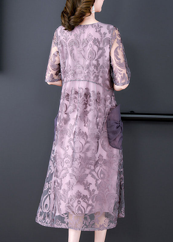 Burnout Damask Floral Mesh Overlay Round Neck Midi Dress - View 4