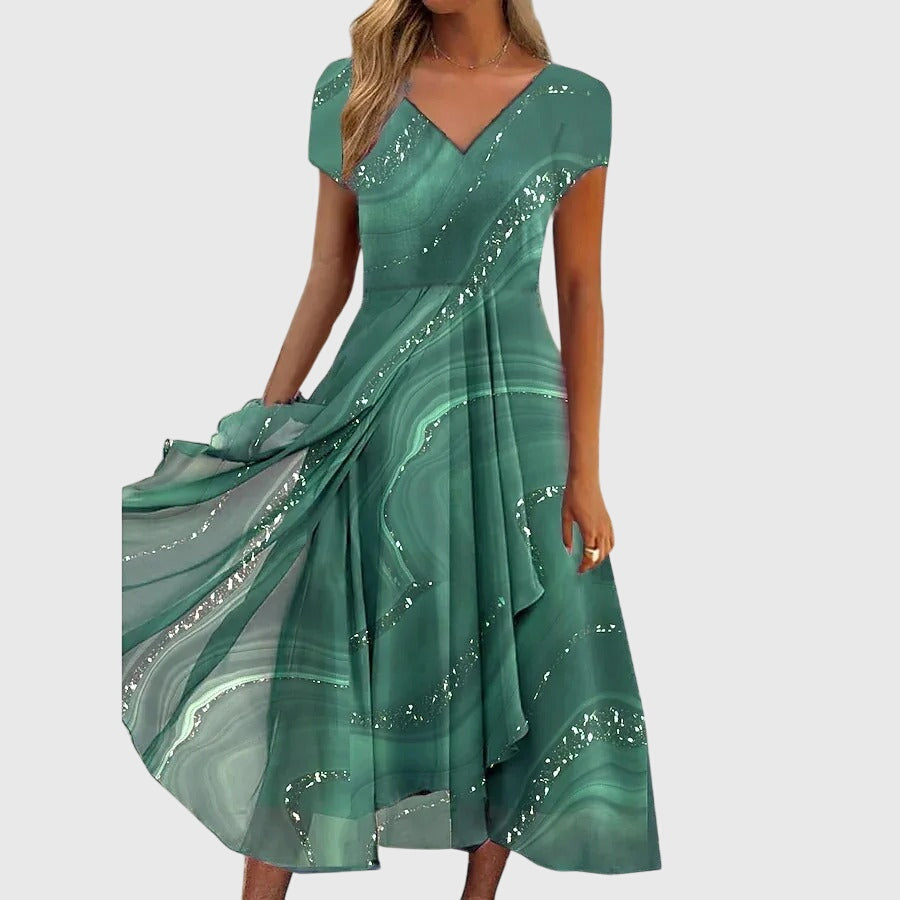 Marble Print V-Neck Cap Sleeve Chiffon Maxi Dress 4