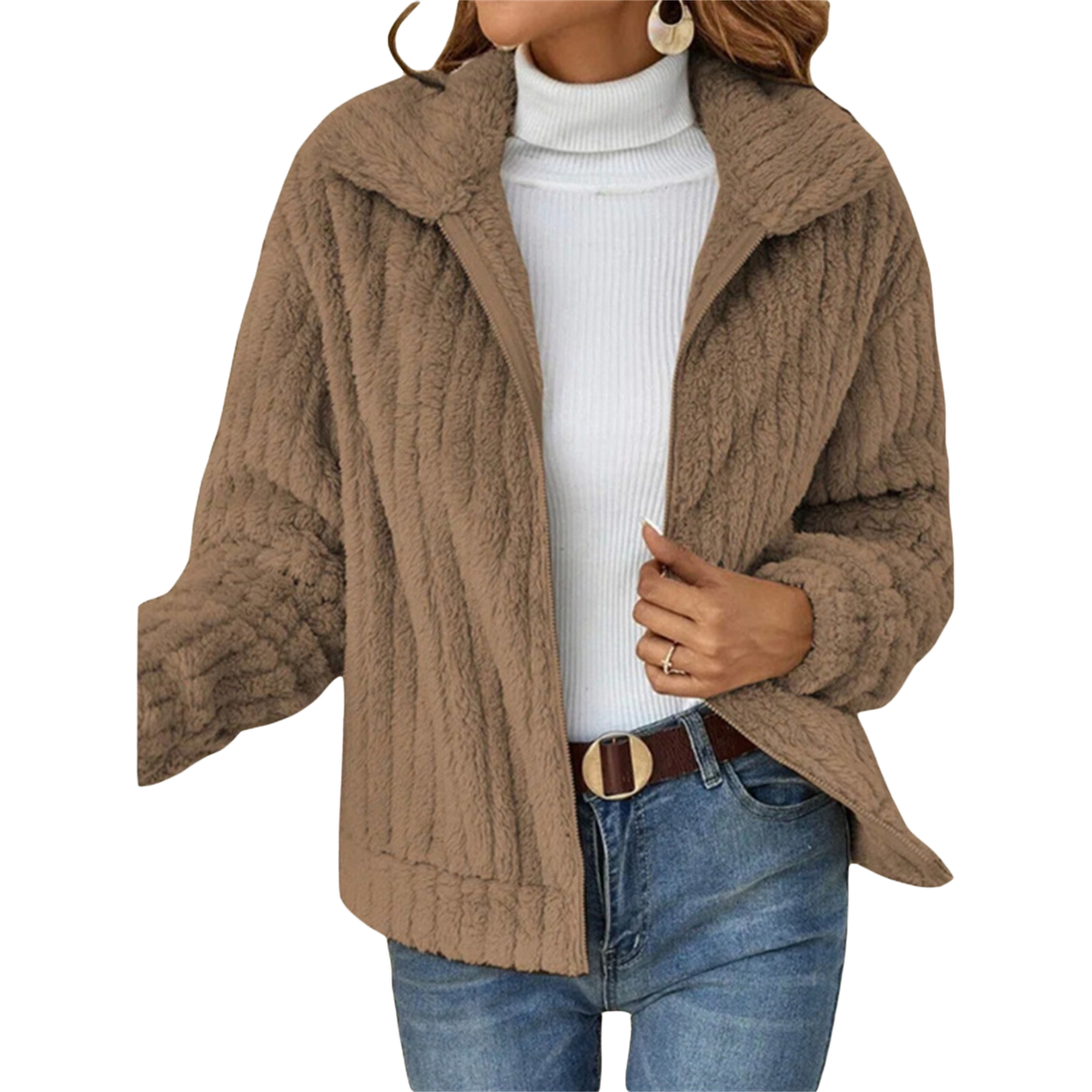 Fuzzy Fleece Lapel Collar Open Front Jacket 5