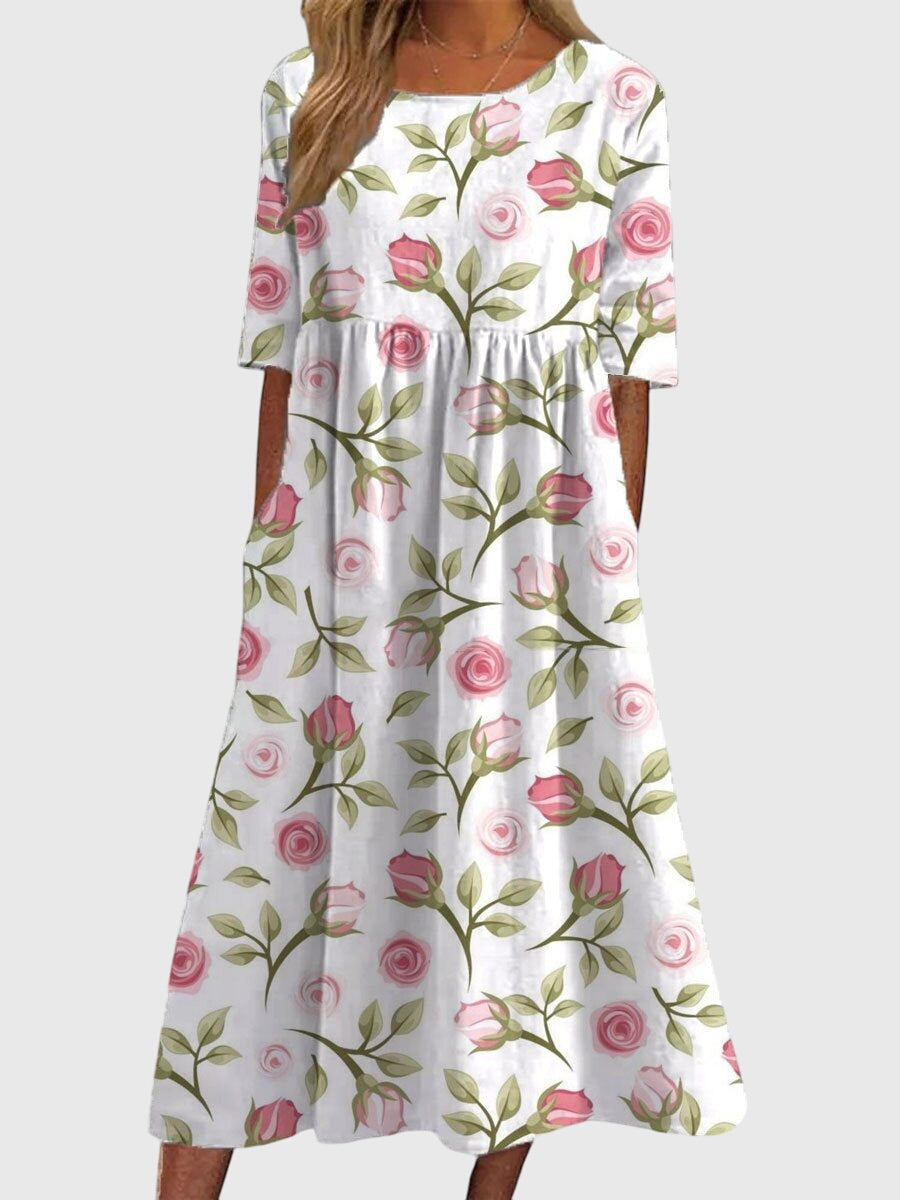 Floral Print Round Neck Short Sleeve Pocket Midi Dress 8