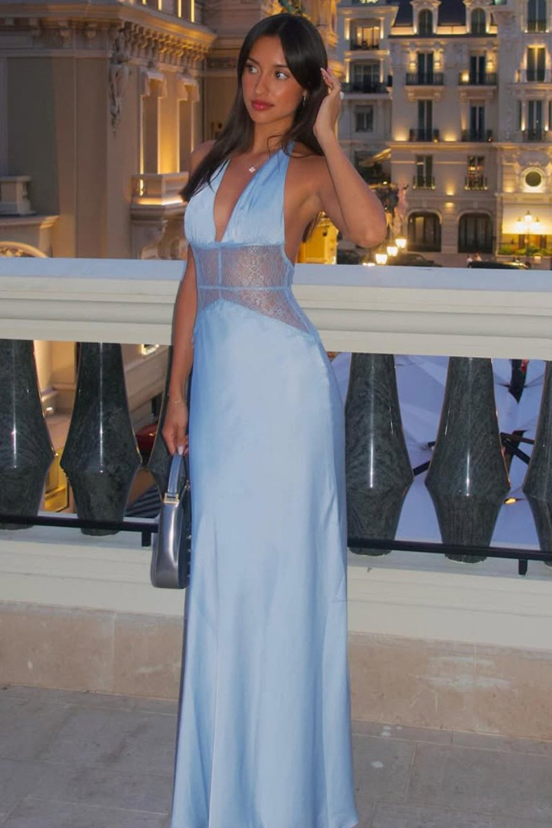 Satin Halter Neck Deep V-Neck Lace Trim Slip Maxi Dress - View 5