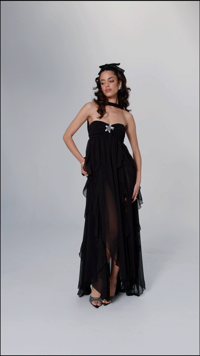 Strapless Ruched Star Embellishment Tiered Ruffle Sheer Maxi Gown