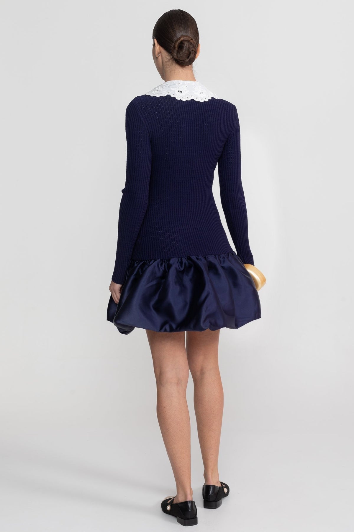 Knit Long Sleeve Mini Dress With Broderie Collar - Navy - View 7
