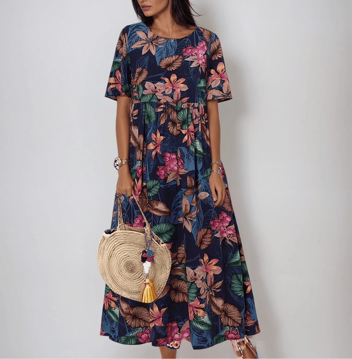 Tropical Floral Round Neck Short Sleeve Maxi Dress 2