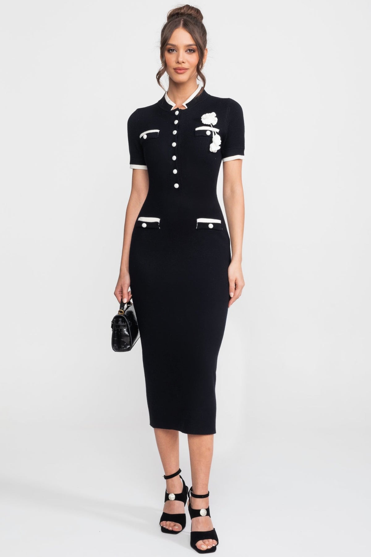 Ribbed Knit Midi Dress - Black - View 2
