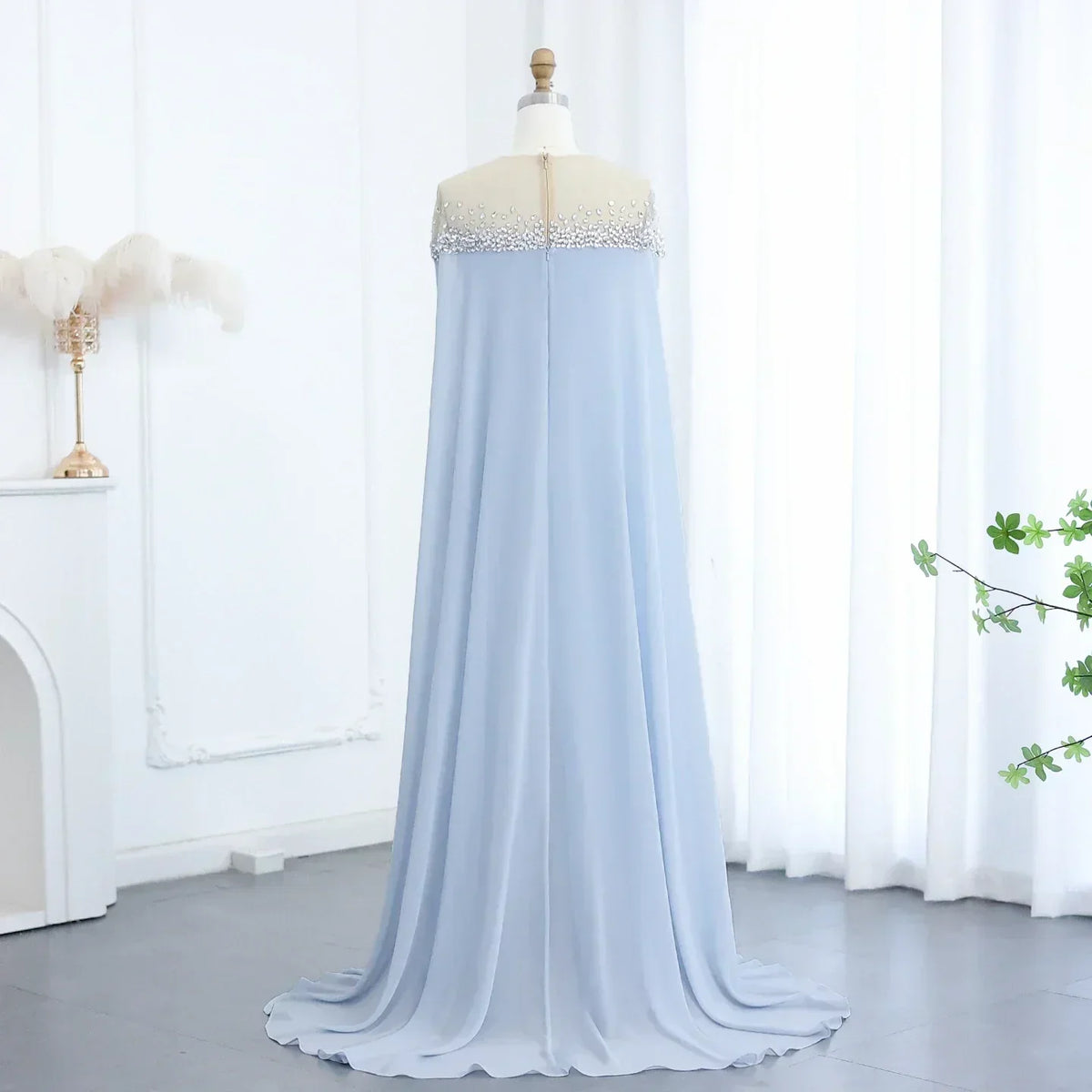 Rhinestone Beaded Illusion Neck Cape Sleeve Chiffon Maxi Gown - View 7
