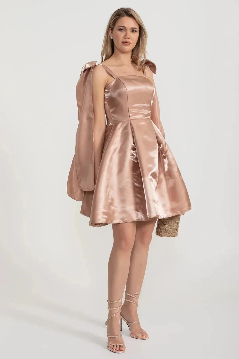 Satin Square Neck Spaghetti Strap Shoulder Bow Pleated Mini Dress - View 2