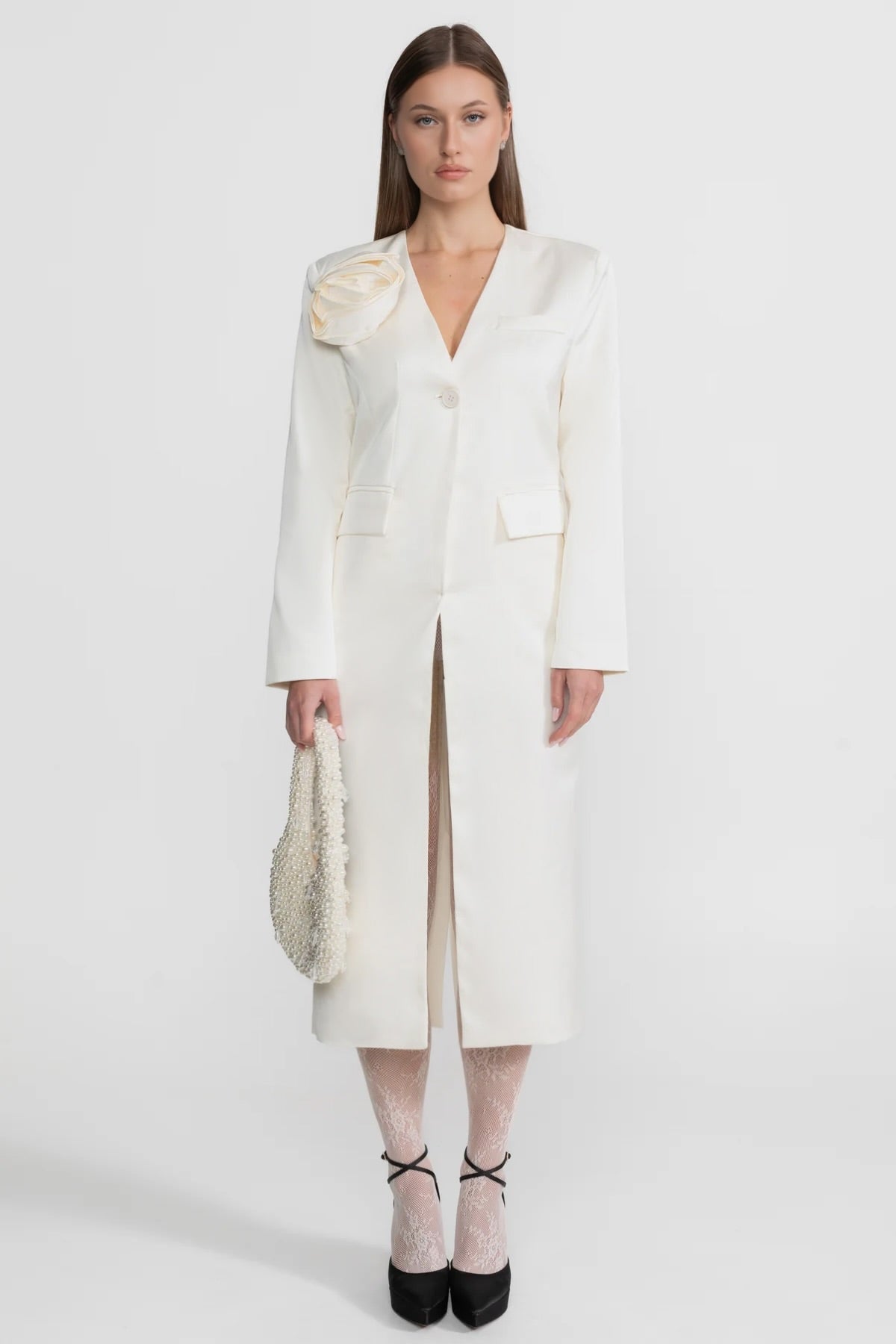 Deep V-Neck Rosette Applique Single Button Midi Blazer Dress
