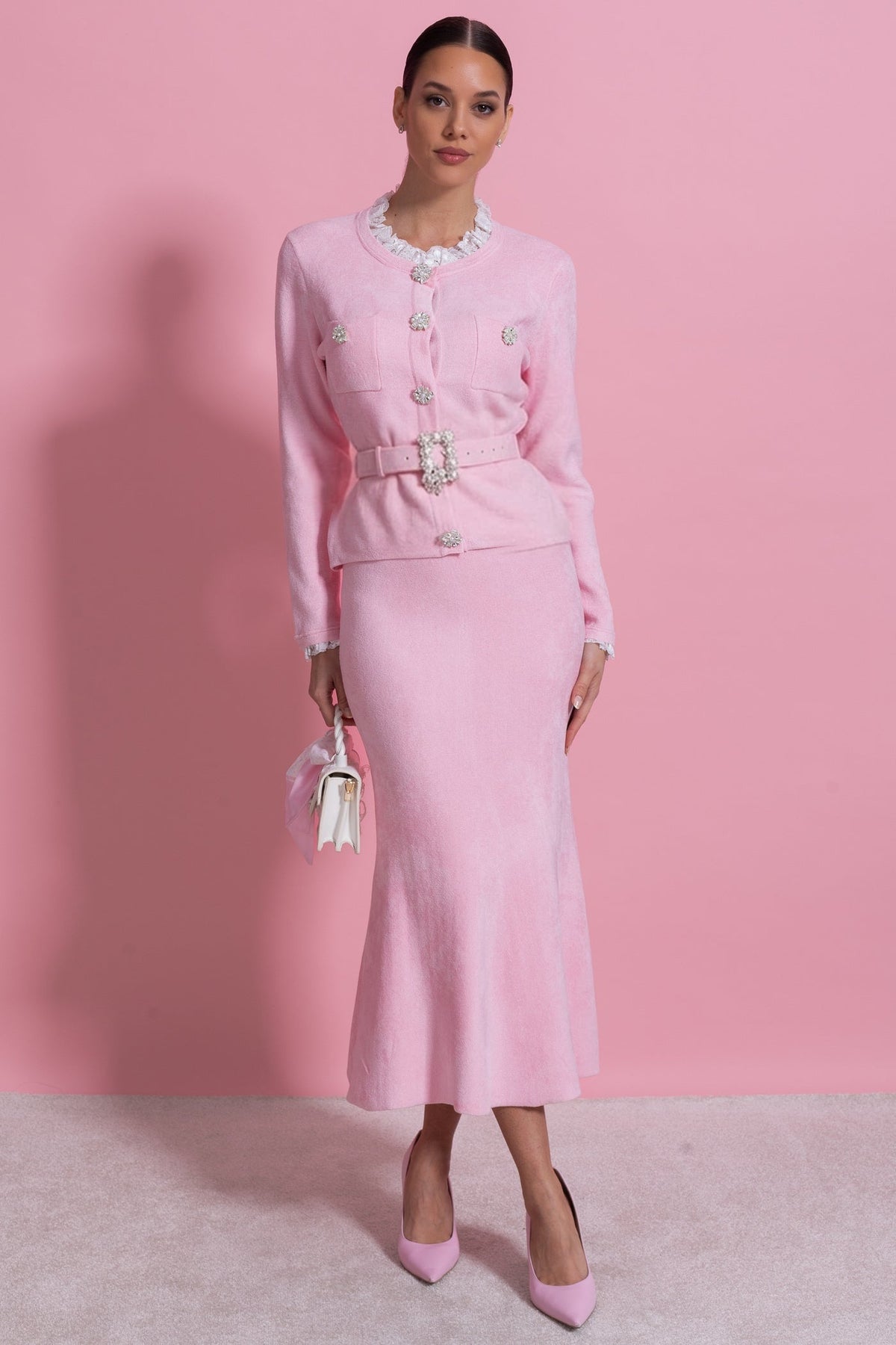 Long Sleeve Co-Ord With Fitted Knit Bodice And Crystal Button Detail - Blush Pink - View 3