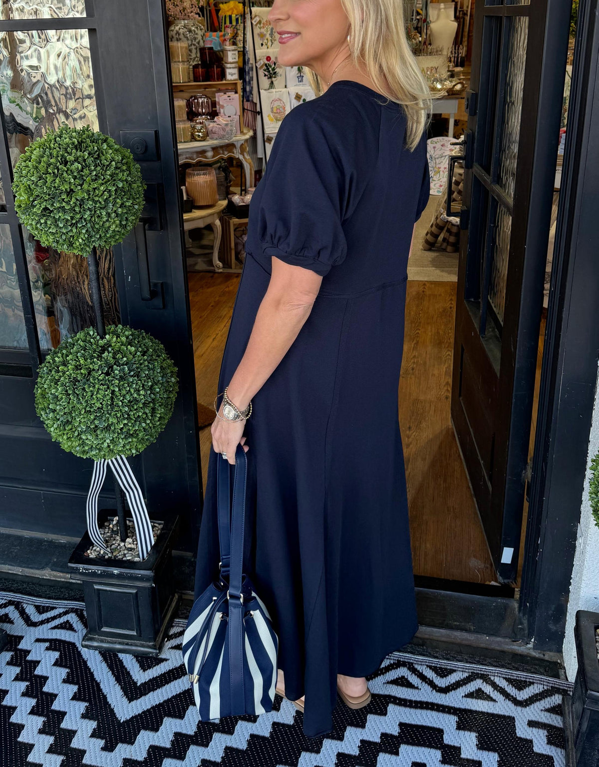 Round Neck Puff Sleeve Fit and Flare Midi Dress 2