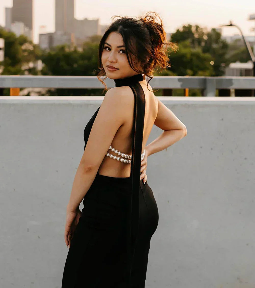 Satin Halter Neck Backless Pearl Strap Maxi Gown - View 11