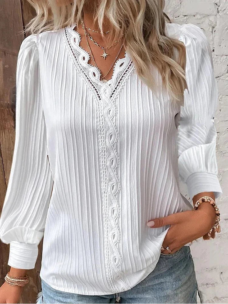 V-Neck Lace Trim Long Sleeve Pleated Blouse 7