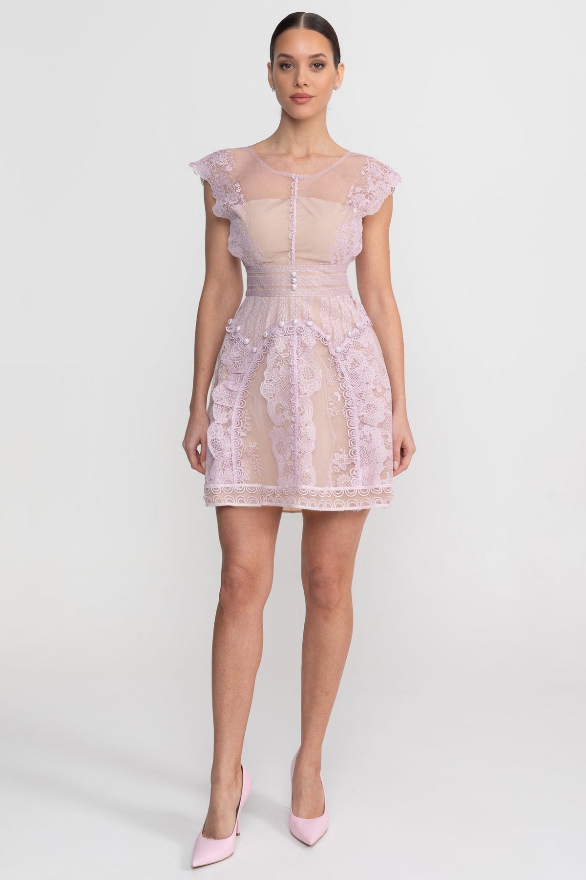 Lace Pearl Trim Sheer Mesh Yoke Cap Sleeve A-Line Mini Dress