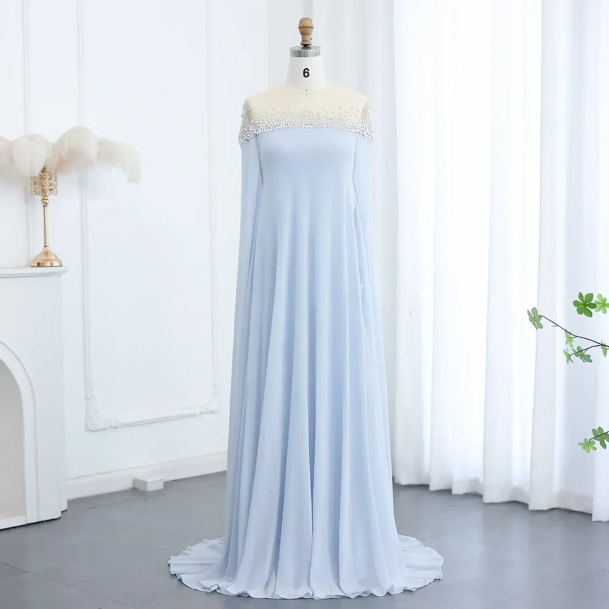 Rhinestone Beaded Illusion Neck Cape Sleeve Chiffon Maxi Gown - View 3
