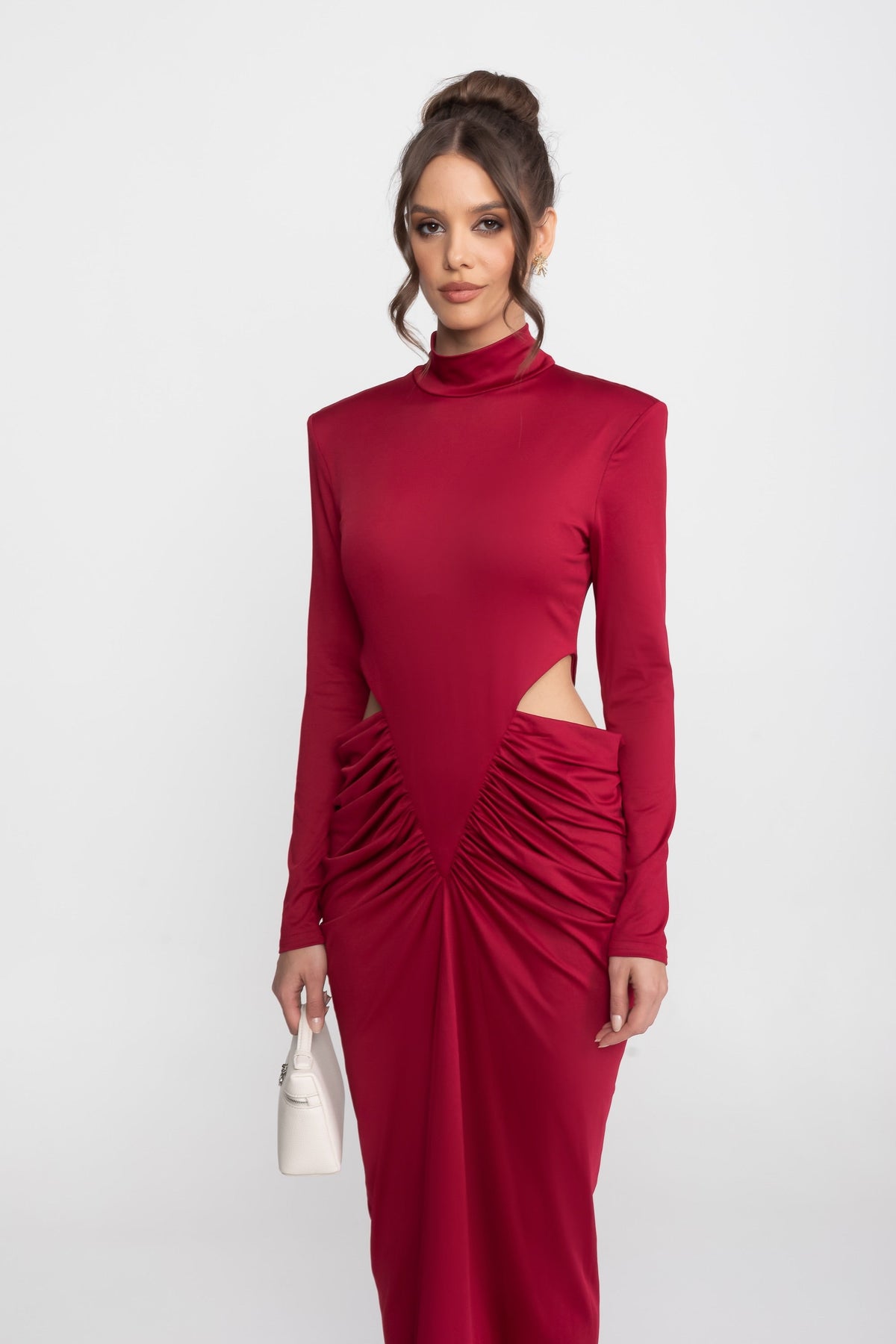 Mock Neck Long Sleeve Side Cut Out Ruched Column Maxi Gown - View 2