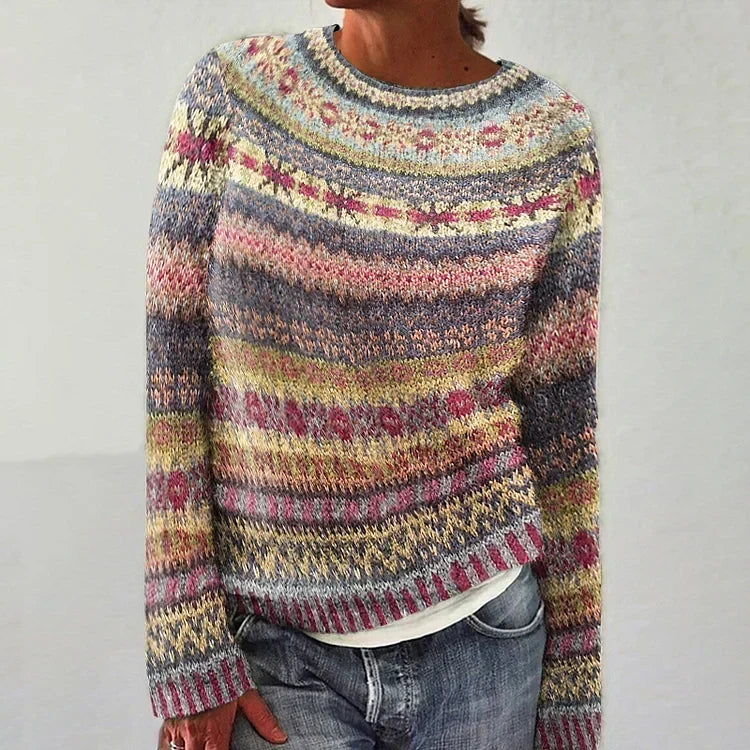 Fair Isle Crew Neck Long Sleeve Knit Sweater