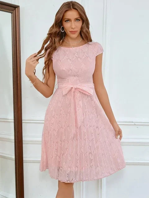 Lace Cap Sleeve Belted Fit and Flare Cocktail Mini Dress - View 6
