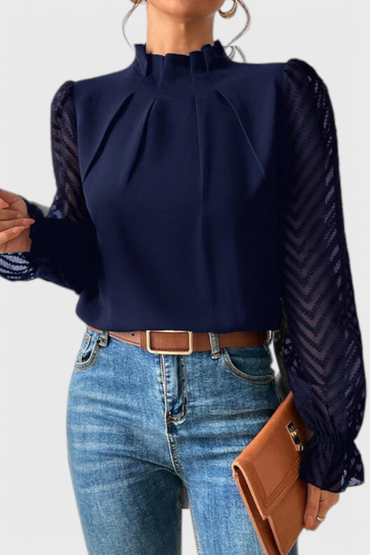 Mock Neck Sheer Lace Long Sleeve Ruffle Blouse 2