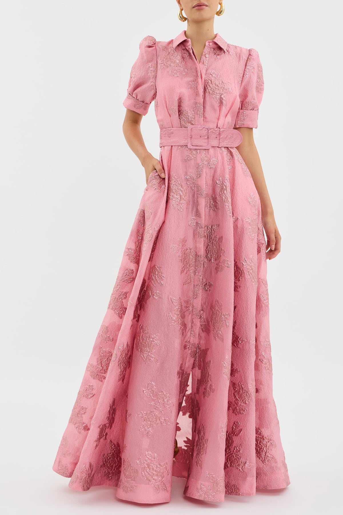 Floral Jacquard Collared Puff Sleeve Belted A-Line Maxi Dress 2