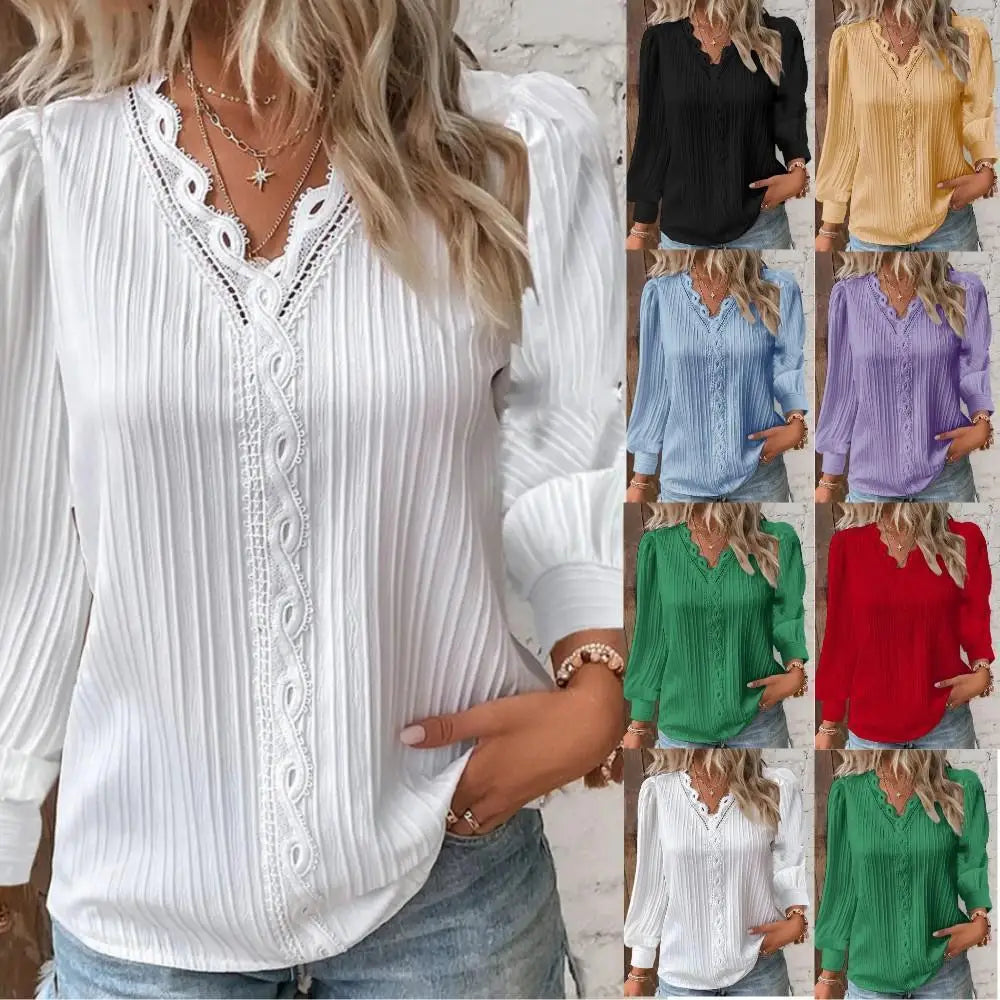 V-Neck Lace Trim Long Sleeve Pleated Blouse 9