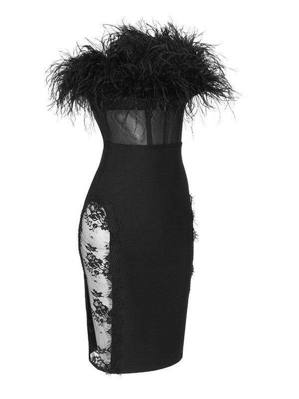 Abby Feather Trimmed Lace Bodycon Dress - View 7