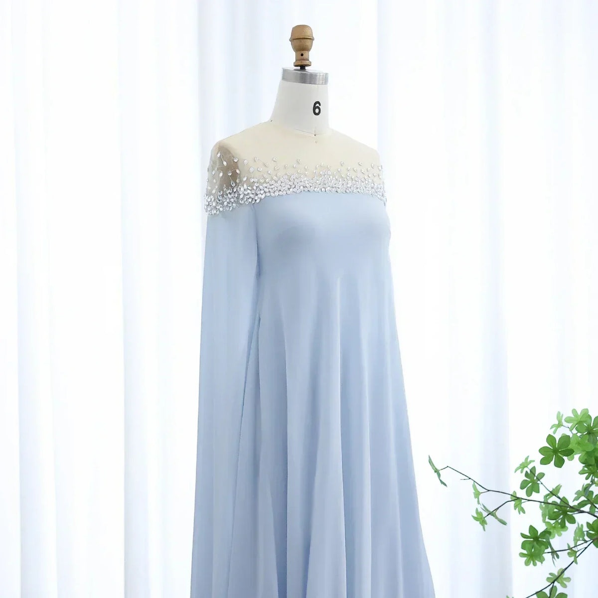 Rhinestone Beaded Illusion Neck Cape Sleeve Chiffon Maxi Gown - View 6