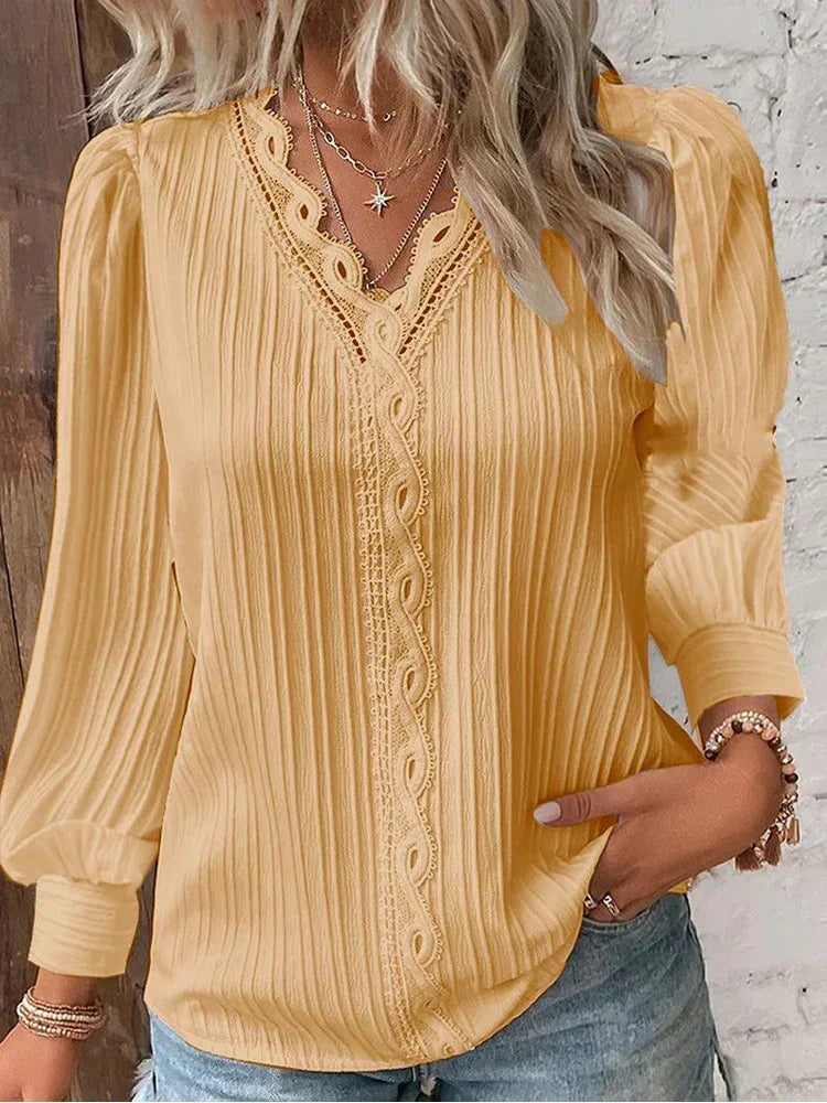 V-Neck Lace Trim Long Sleeve Pleated Blouse 8