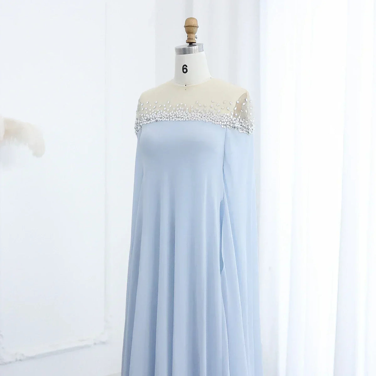 Rhinestone Beaded Illusion Neck Cape Sleeve Chiffon Maxi Gown - View 5