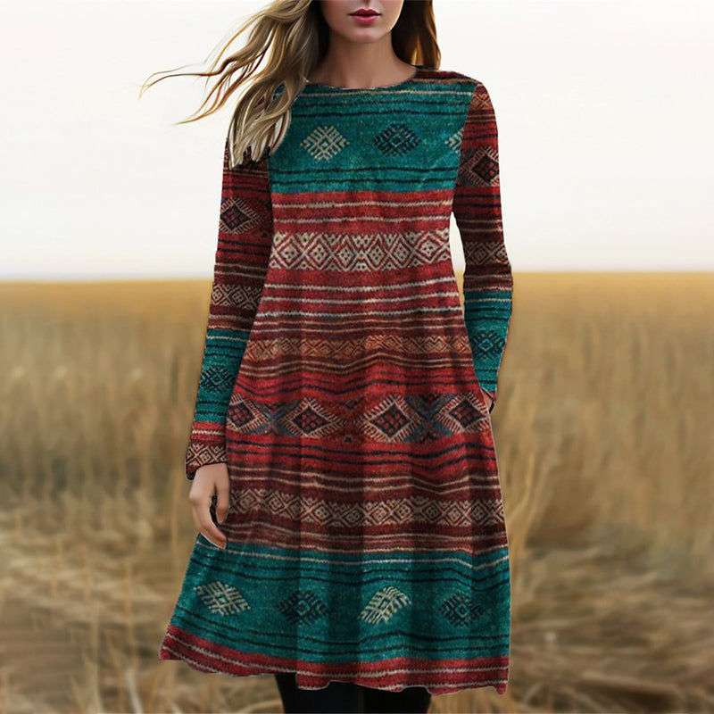 Geometric Print Long Sleeve Crew Neck Pocket A-Line Midi Dress