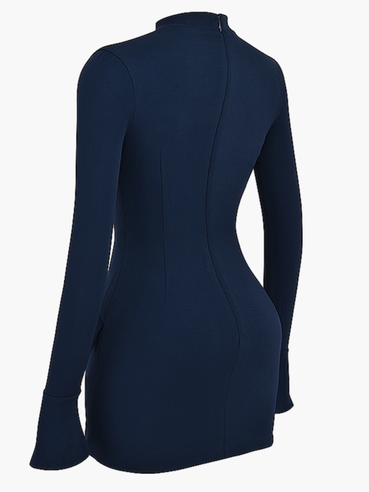 Mock Neck Long Sleeve Bell Cuff Princess Seam Mini Cocktail Dress - View 3