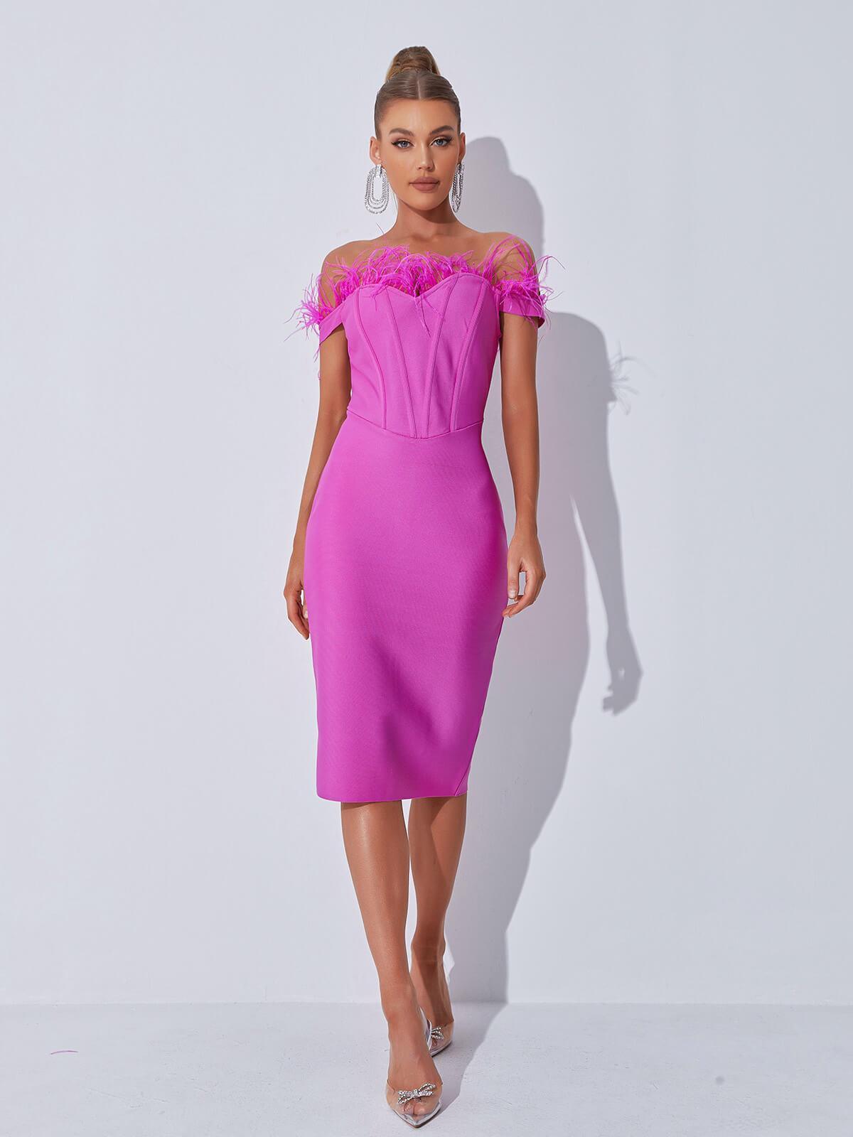 Off Shoulder Sweetheart Feather Trim Corset Bandage Midi Dress