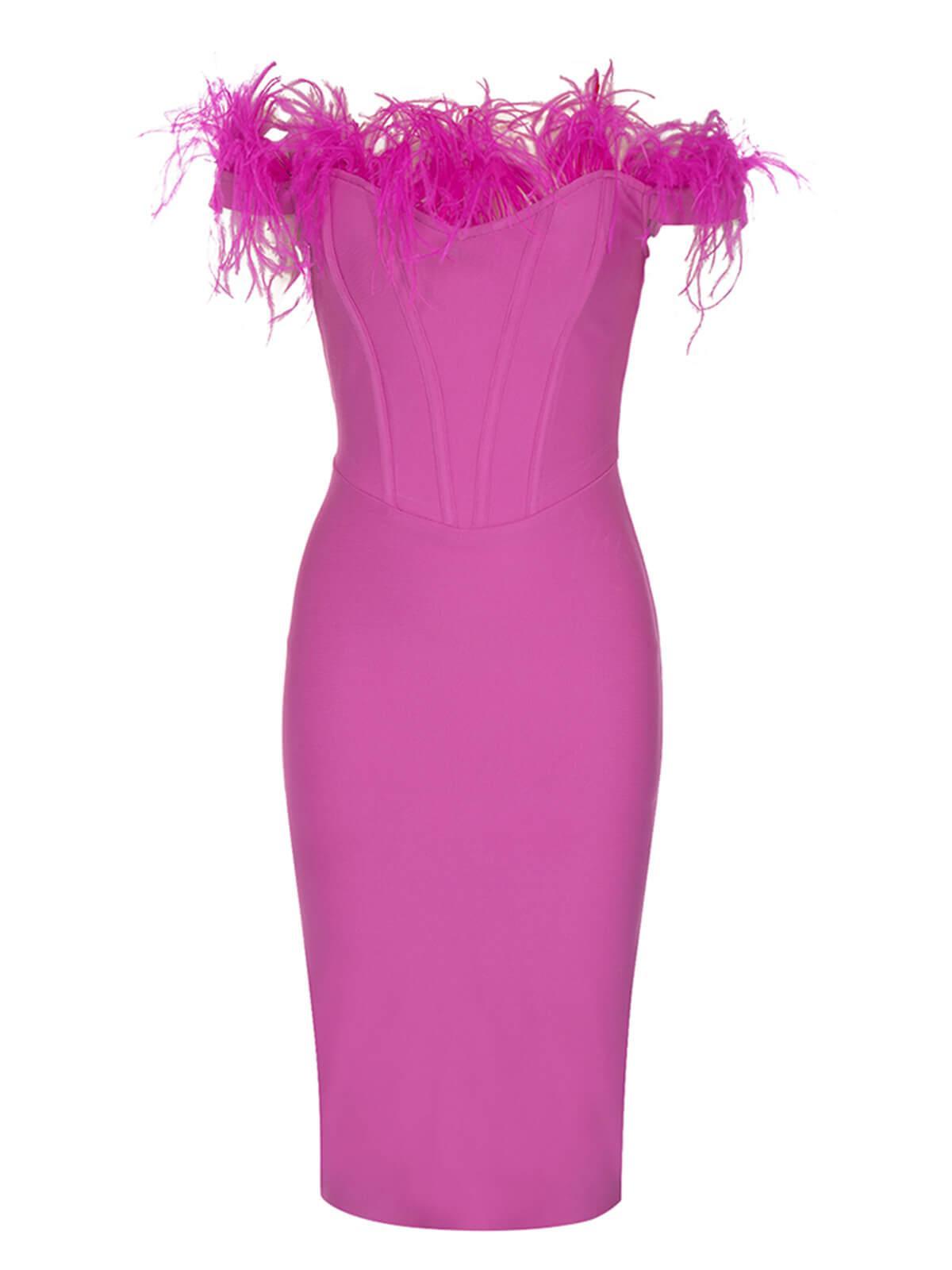 Off Shoulder Sweetheart Feather Trim Corset Bandage Midi Dress - View 6