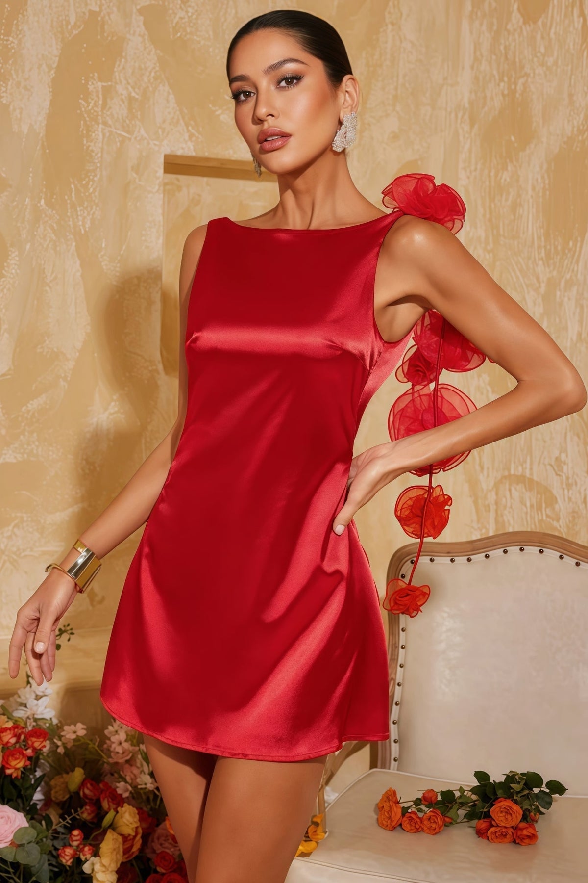 Satin Boat Neck 3D Rose Flower Backless A-Line Mini Dress - View 4