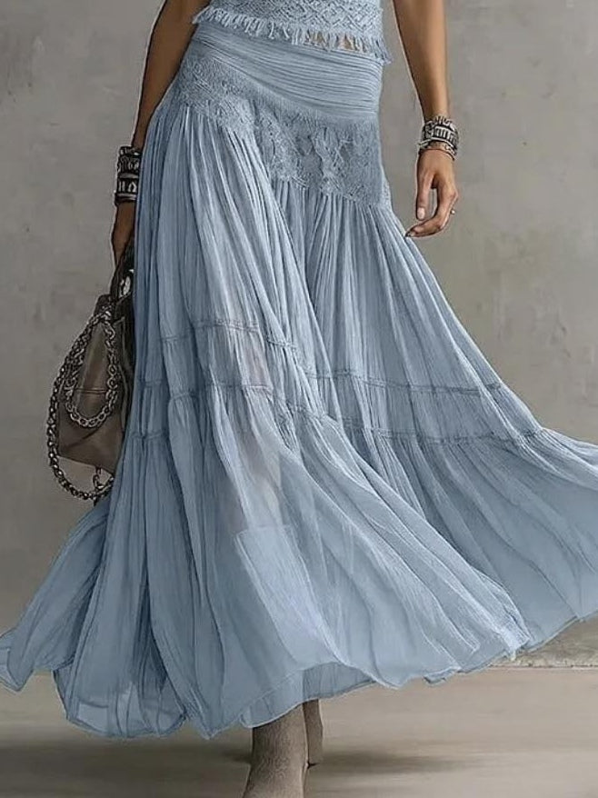 Short Sleeve Top and Lace Panel Tiered Maxi Skirt Two Piece Set 3