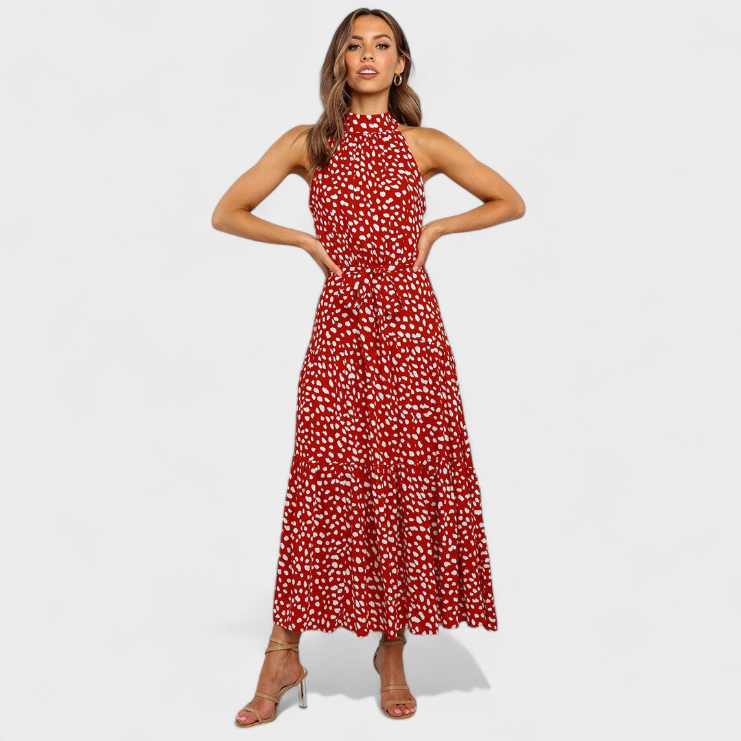 Polka Dot Halter Neck Belted Tiered Midi Dress 15