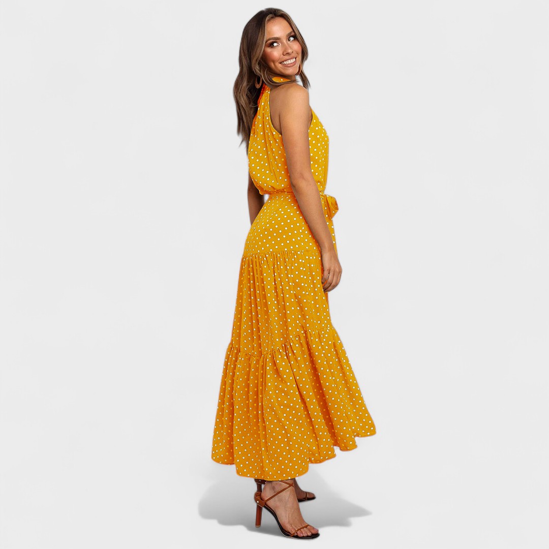 Polka Dot Halter Neck Belted Tiered Midi Dress 2