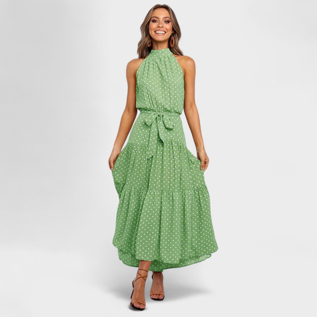 Polka Dot Halter Neck Belted Tiered Midi Dress 11