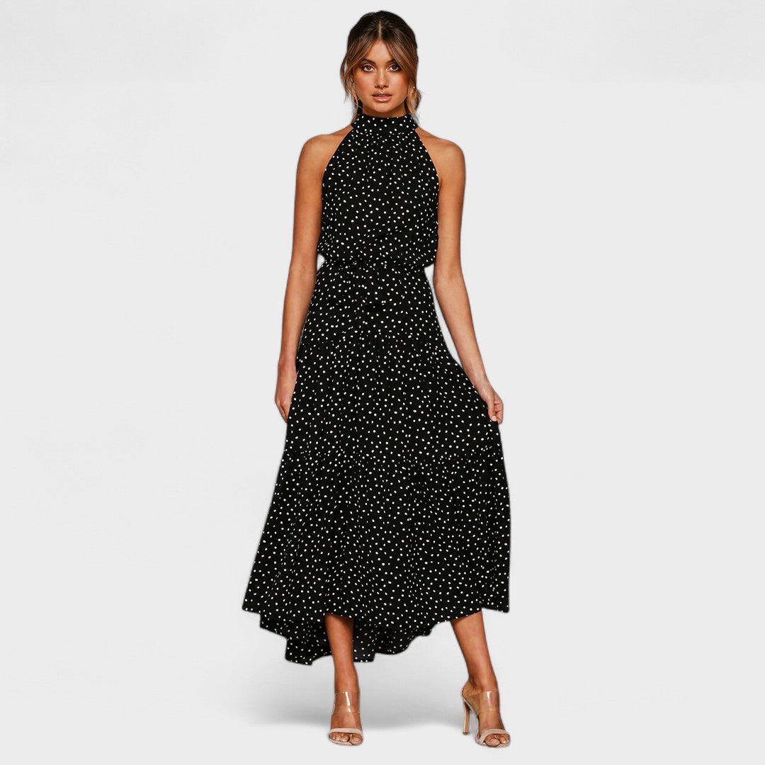 Polka Dot Halter Neck Belted Tiered Midi Dress 13