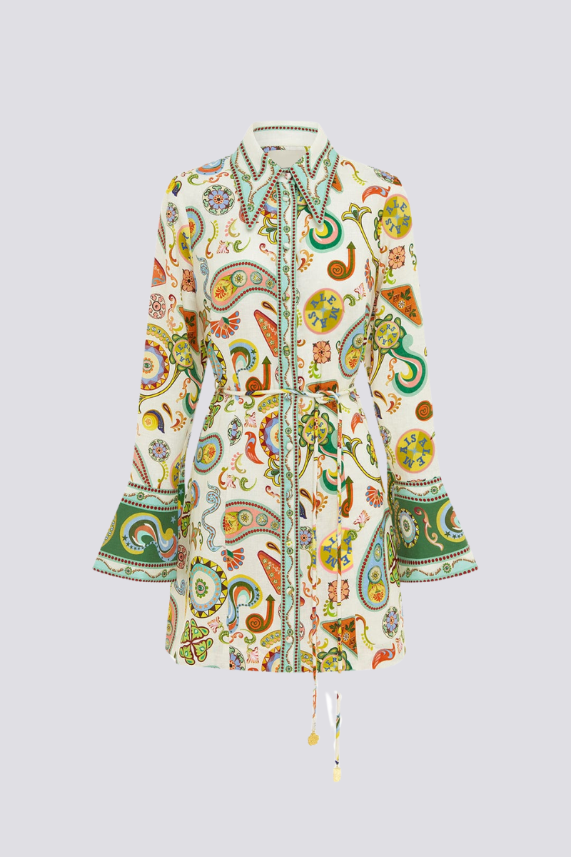 Paisley Collar Long Sleeve Belted Mini Dress - View 6
