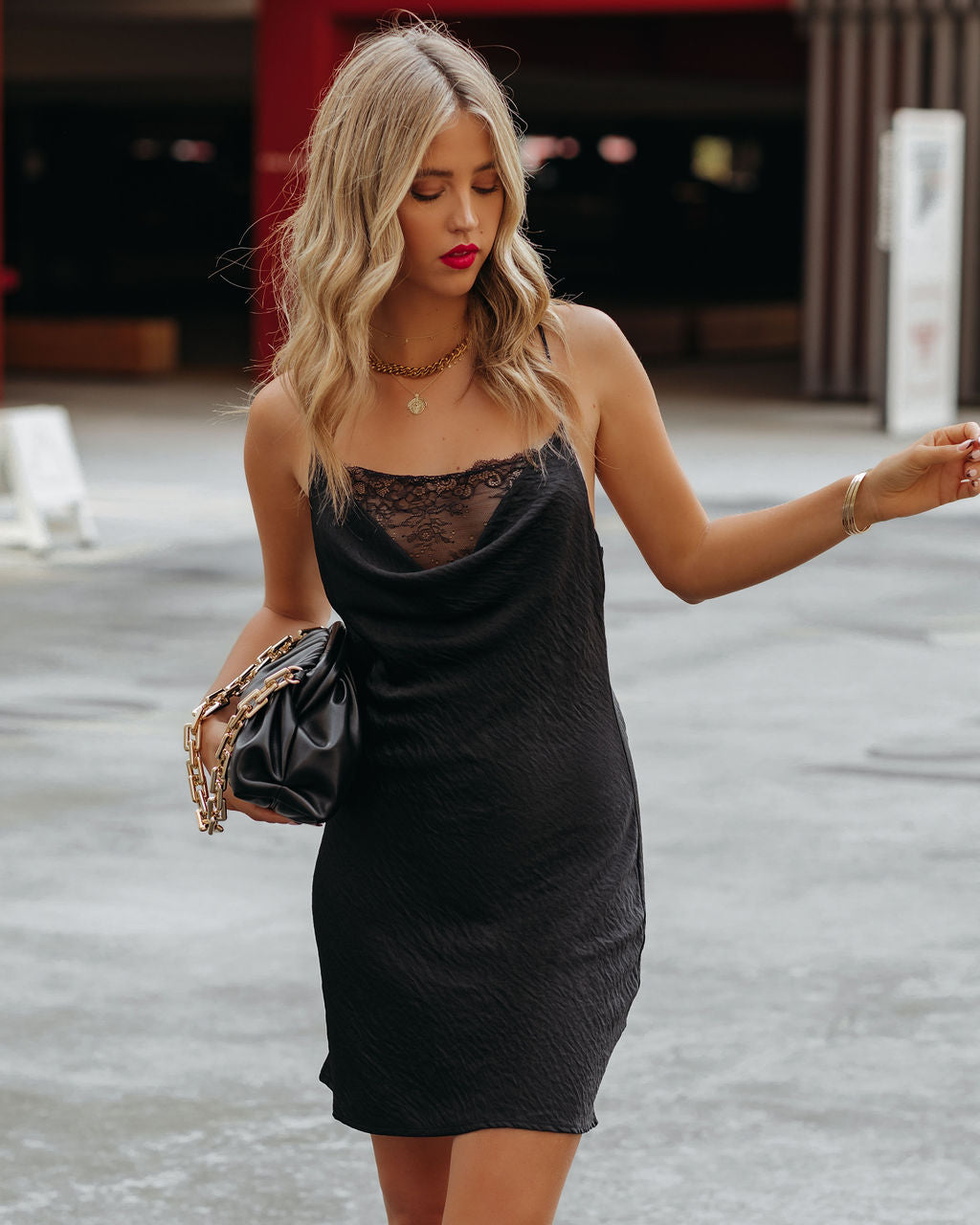 Satin Lace Trim Cowl Neck Slip Mini Dress - View 6